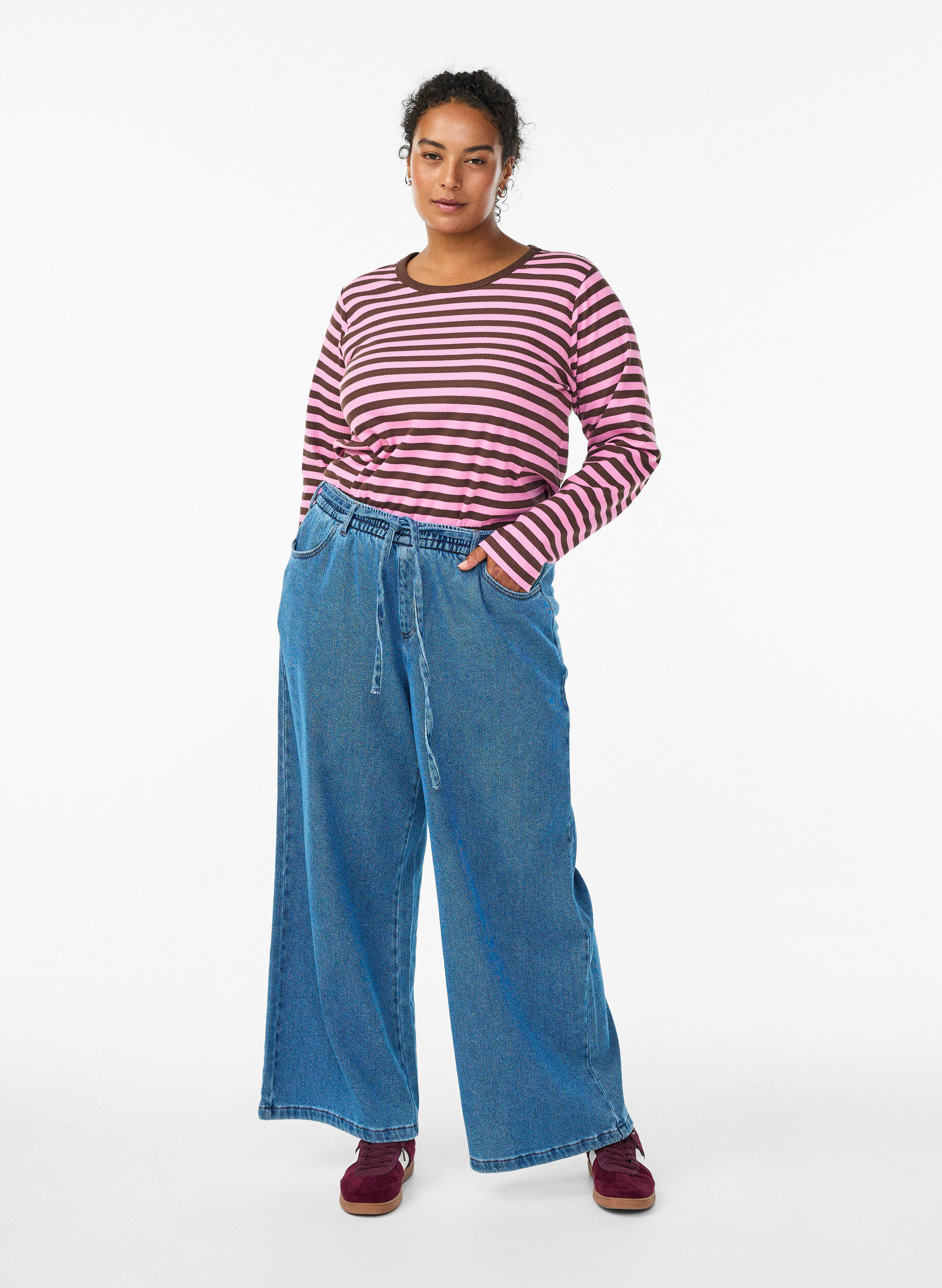 Zizzi Gestreepte blouse met lange mouwen, Donker Bordeaux, Model image number 1