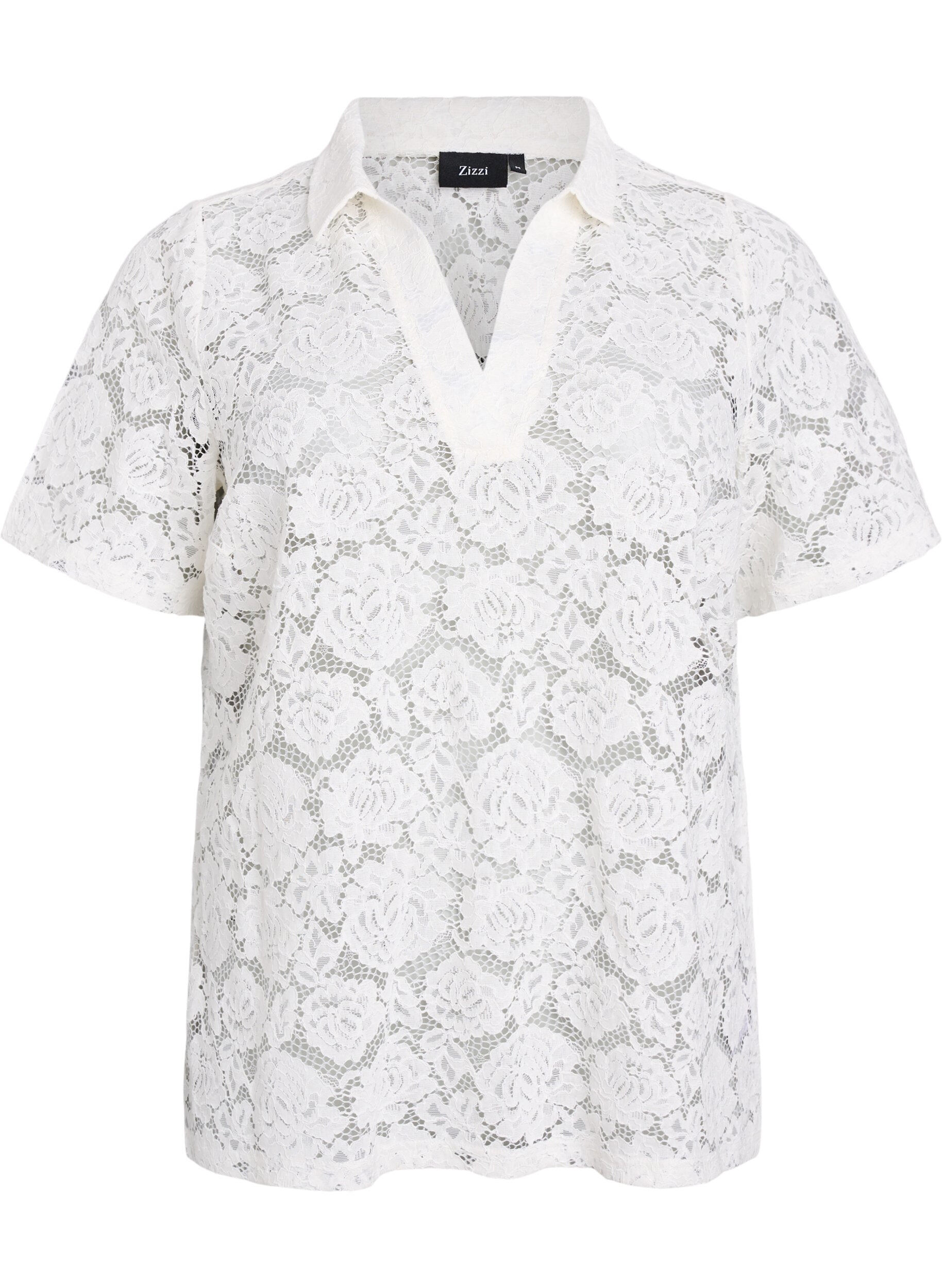 Zizzi Kanten blouse met een kraag en V-hals, Vanille, Packshot image number 0