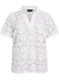 Kanten blouse met een kraag en V-hals, Vanille