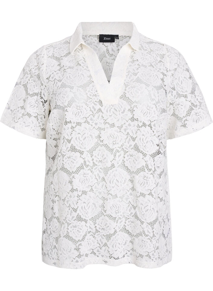 Kanten blouse met een kraag en V-hals, Vanille, Packshot image number 0