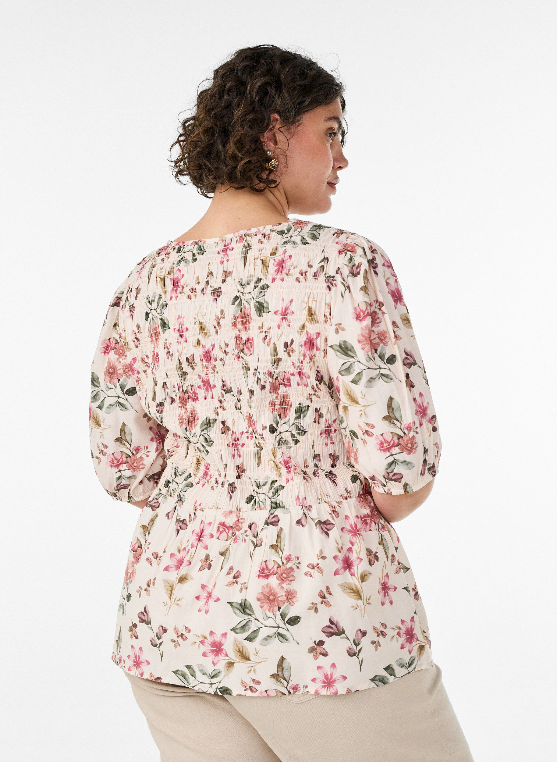 ZizziViscose blouse met smokwerk en peplum-effect, Vanille, Model image number 2