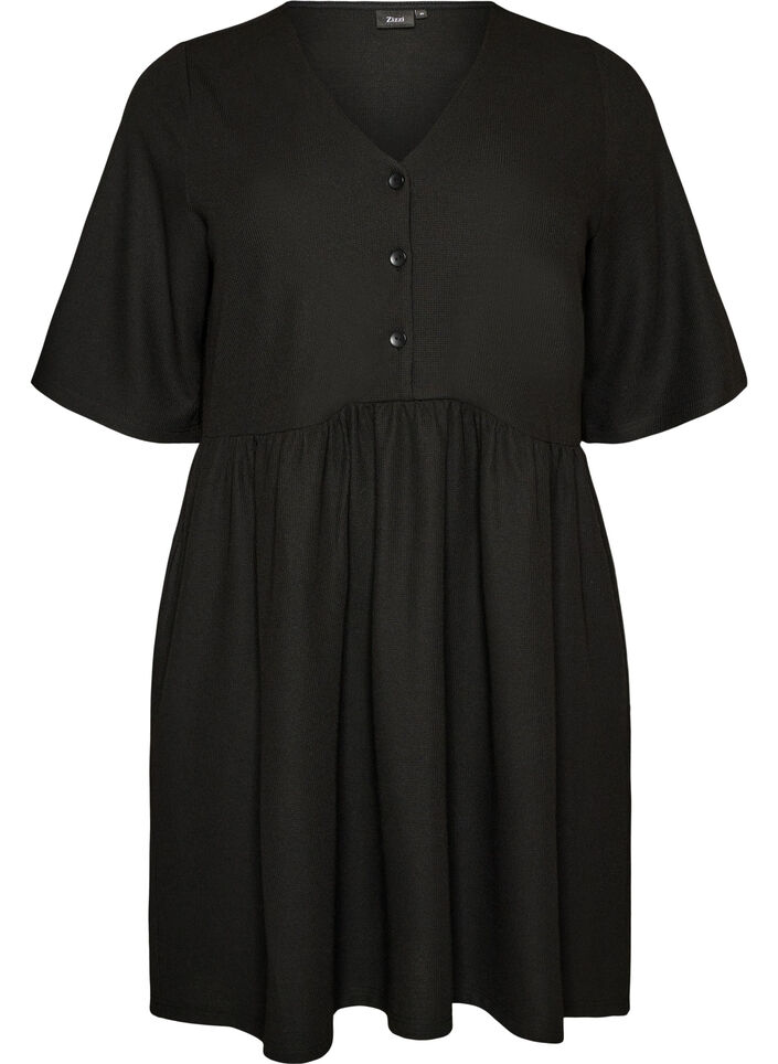 Jurk met een geribde textuur en een empirelijn, Zwart, Packshot image number 0