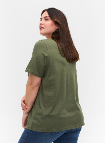 T-shirt in biologisch katoen met v-hals, Thyme, Model image number 1