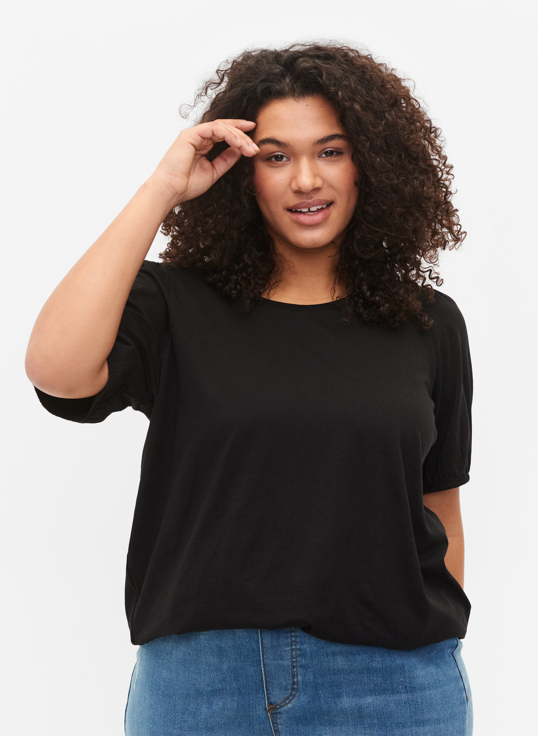 Zizzi Katoenen t-shirt met 2/4 mouwen, Black, Model image number 0