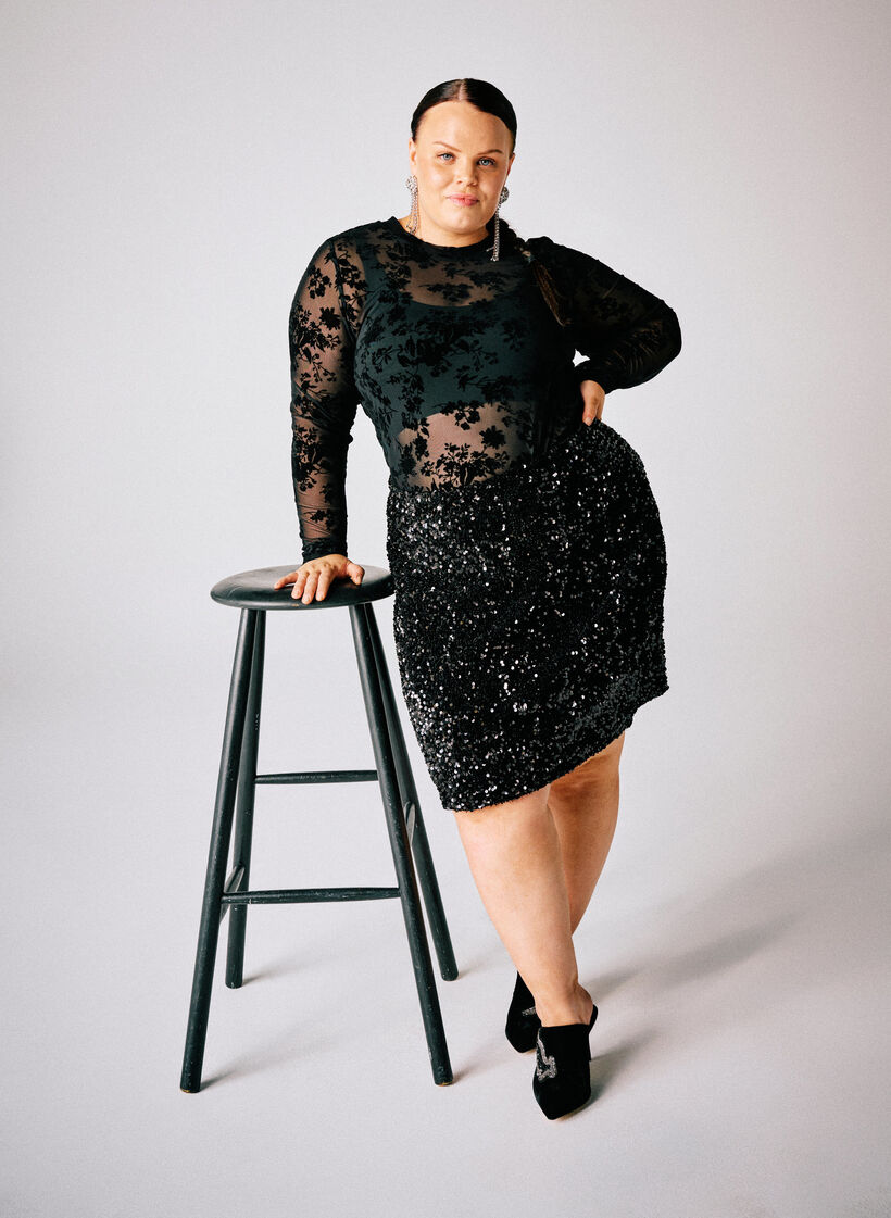 Mesh blouse met bloemenpatroon, Zwart, Image image number 0