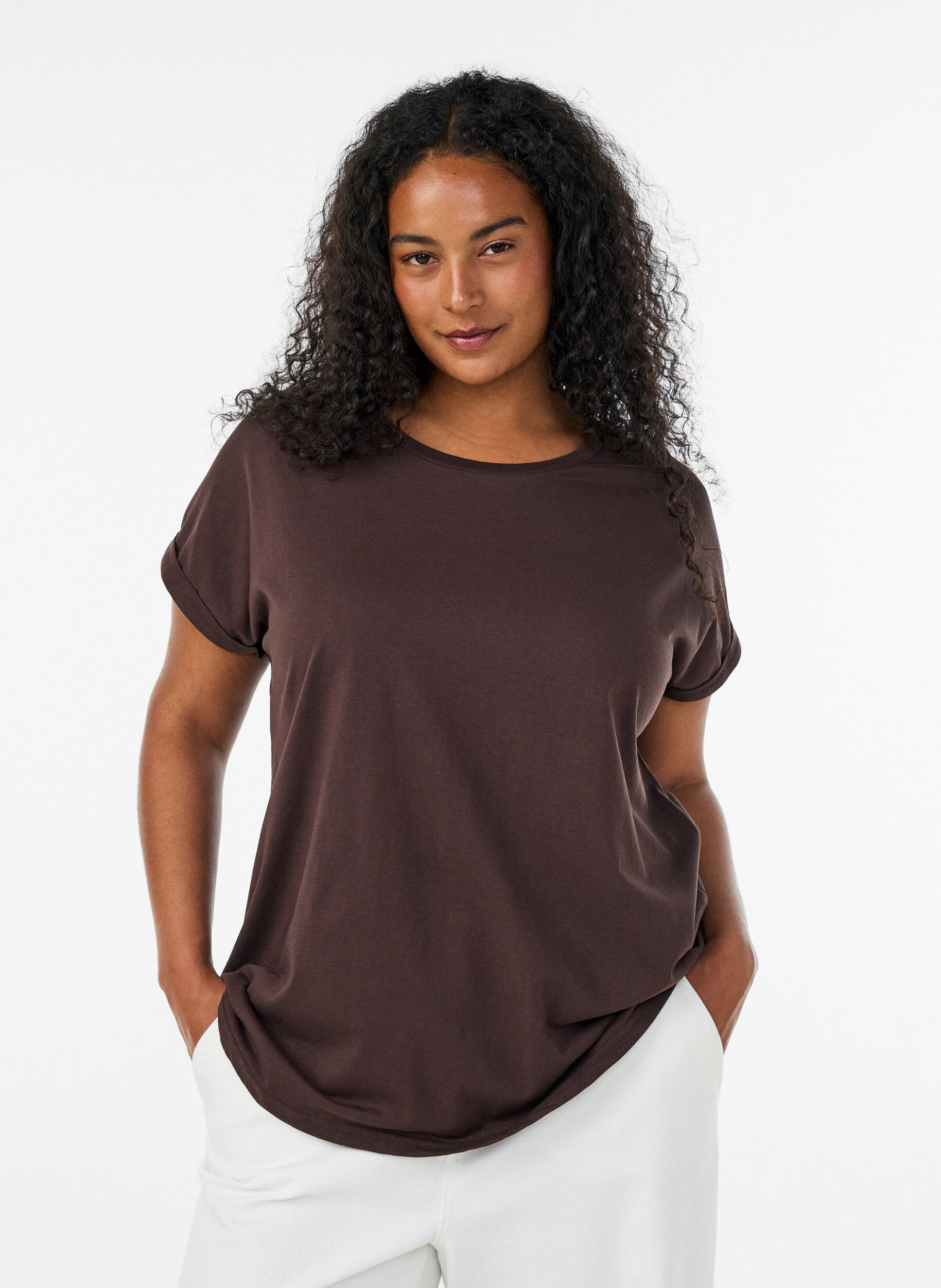ZizziT-shirt met korte mouwen van katoenmix, Bruin, Model image number 0