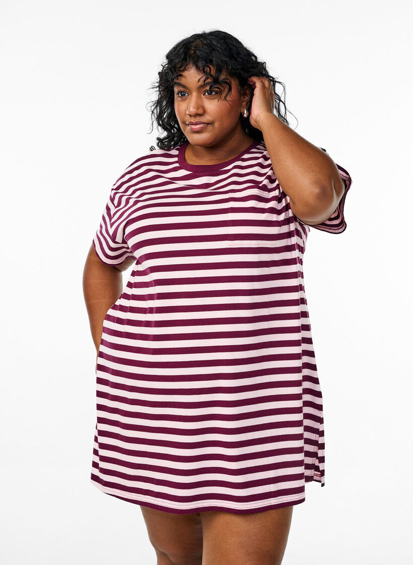 Lang nachthemd van biologische katoen met strepen, Rood, Model image number 0