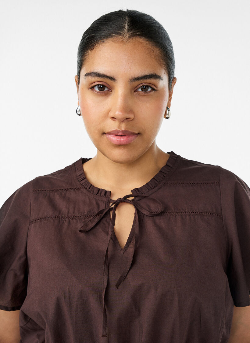 Katoenen blouse met strik en elastische taille, Bruin, Model image number 3