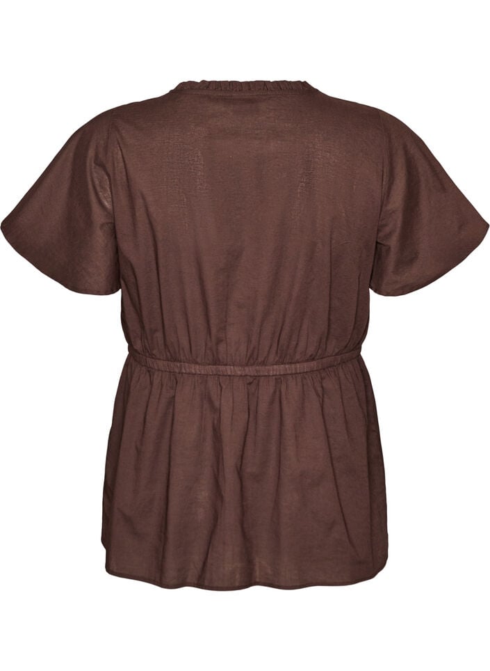 Katoenen blouse met strik en elastische taille, Bruin, Packshot image number 1