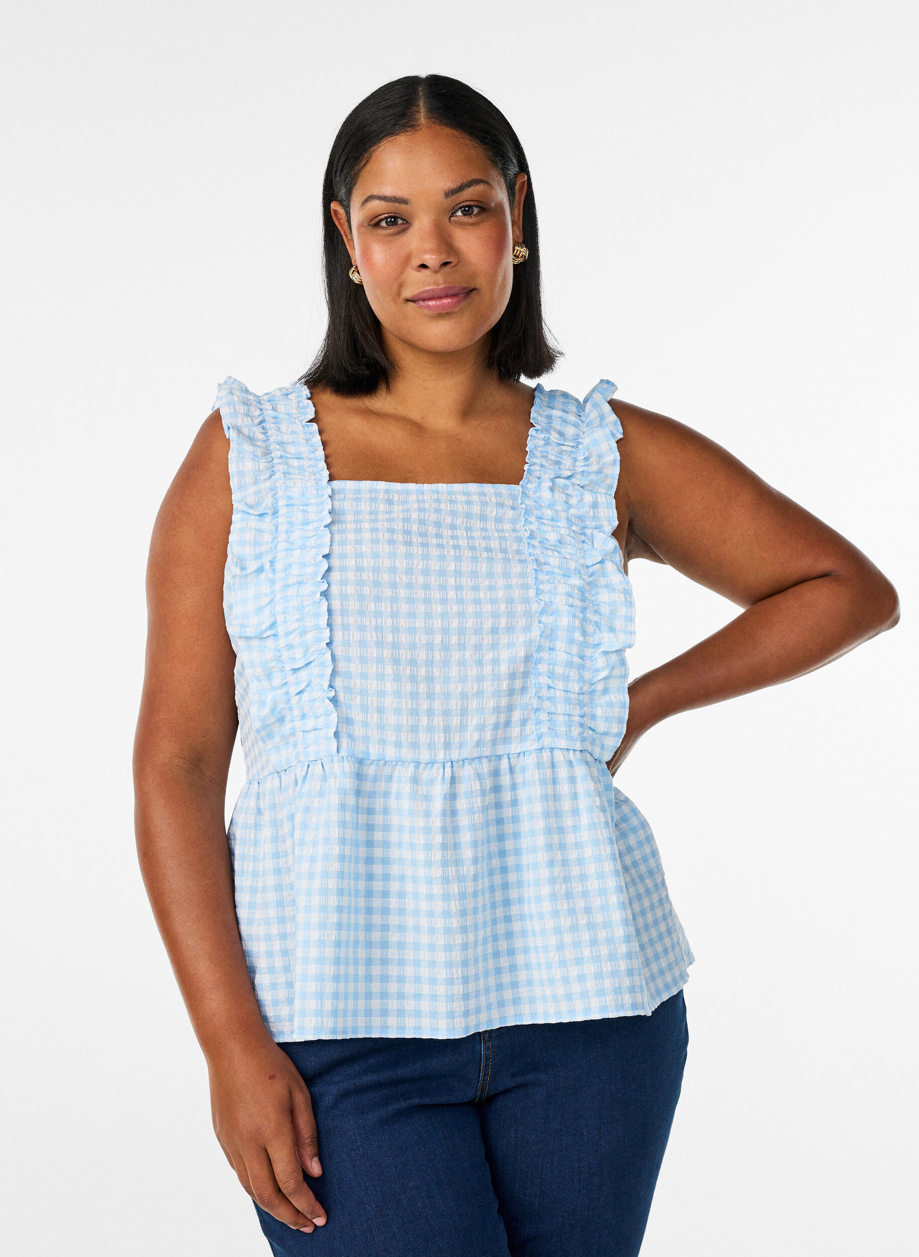 Top met ruitjes en ruchesdetails, Blauw, Model