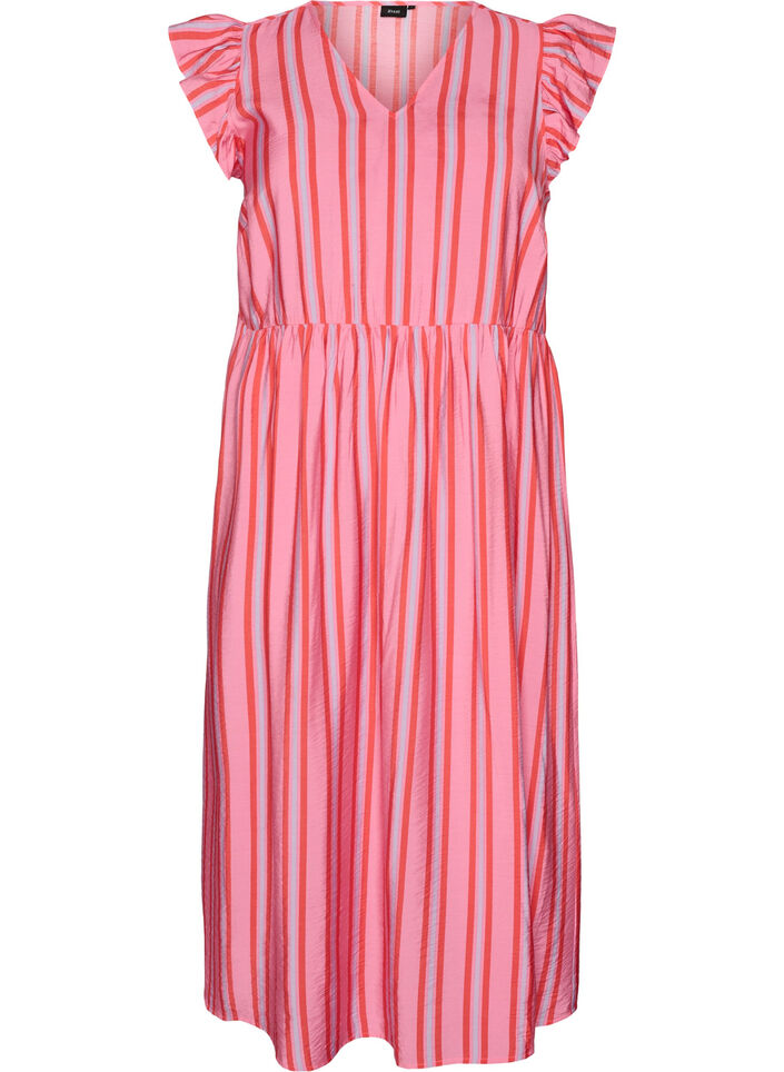 Gestreepte midijurk met empirelijn en ruches, Roze, Packshot image number 0