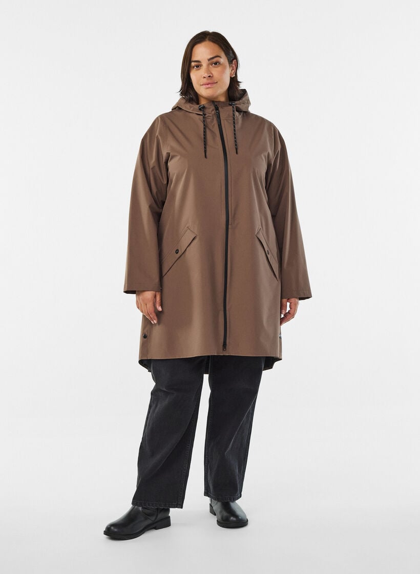 Regenjas met zakken en capuchon, Bruin, Model image number 1