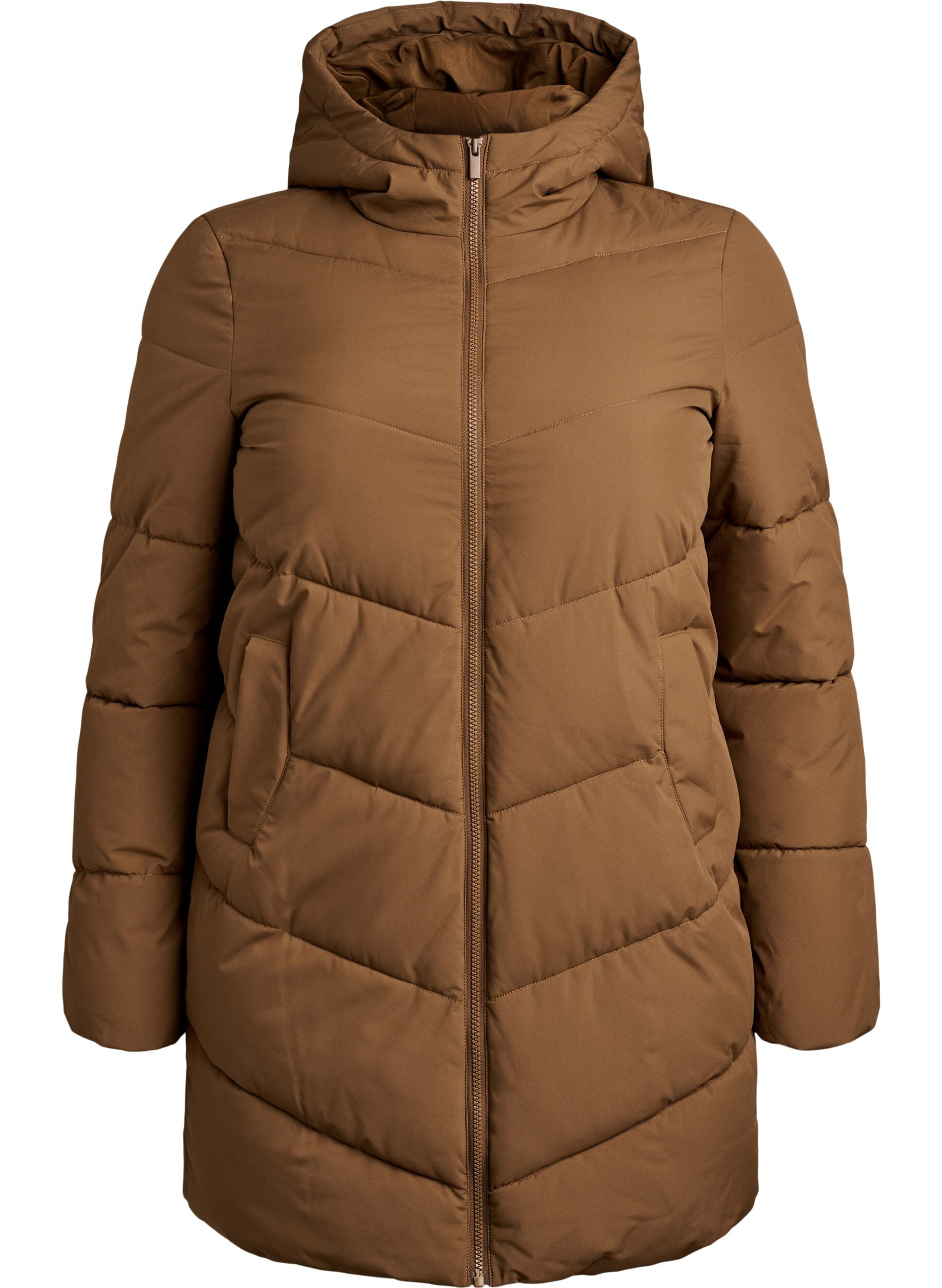ZizziHalflange pufferjas met capuchon, Bruin, Packshot image number 0
