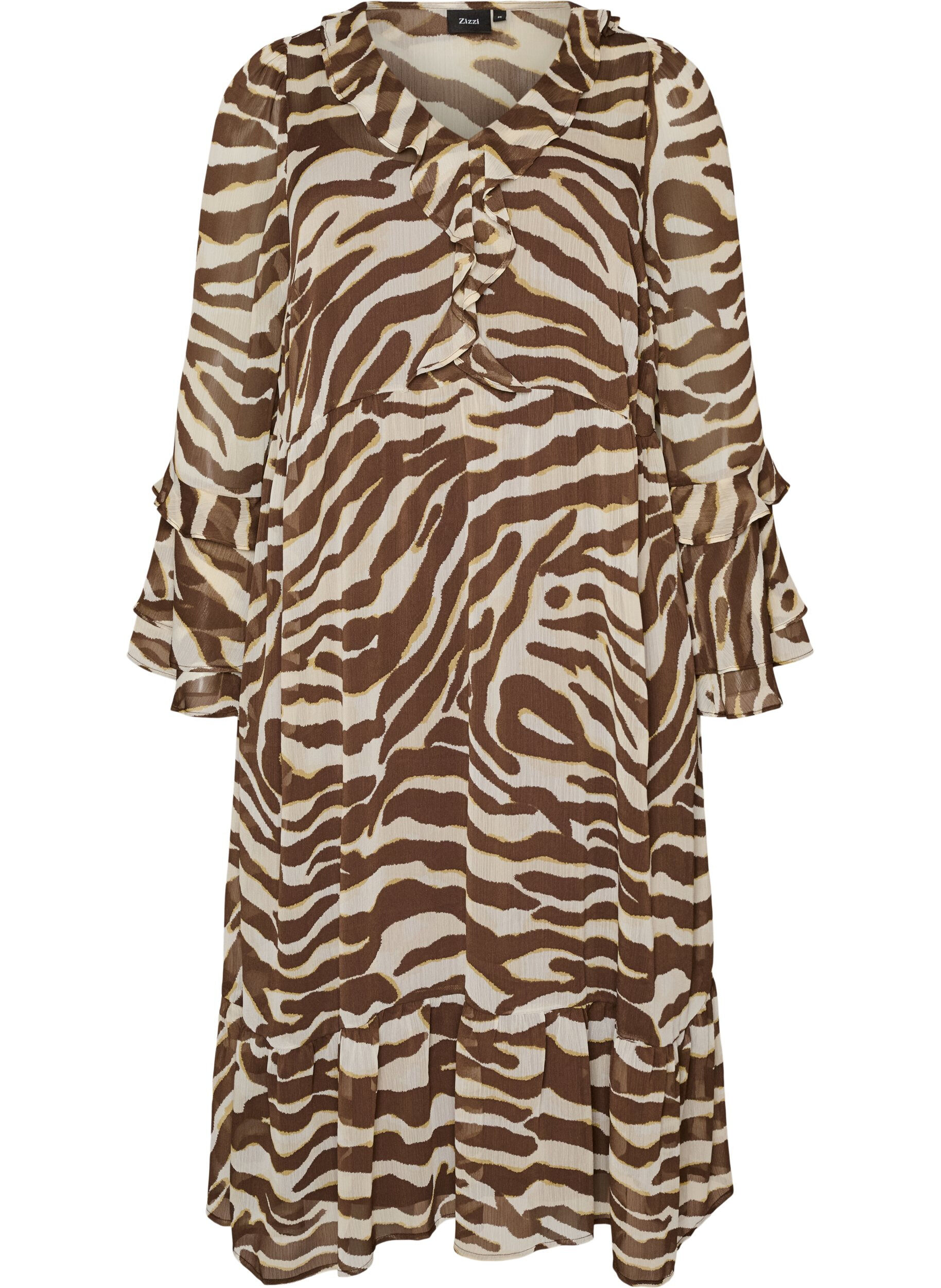 ZizziMidi-jurk met ruches en V-hals, Bruin, Packshot image number 0