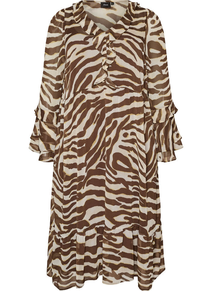 Midi-jurk met ruches en V-hals, Bruin, Packshot image number 0