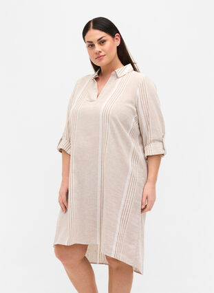 Gestreepte jurk gemaakt van katoen en linnen, White Taupe Stripe, Model image number 0