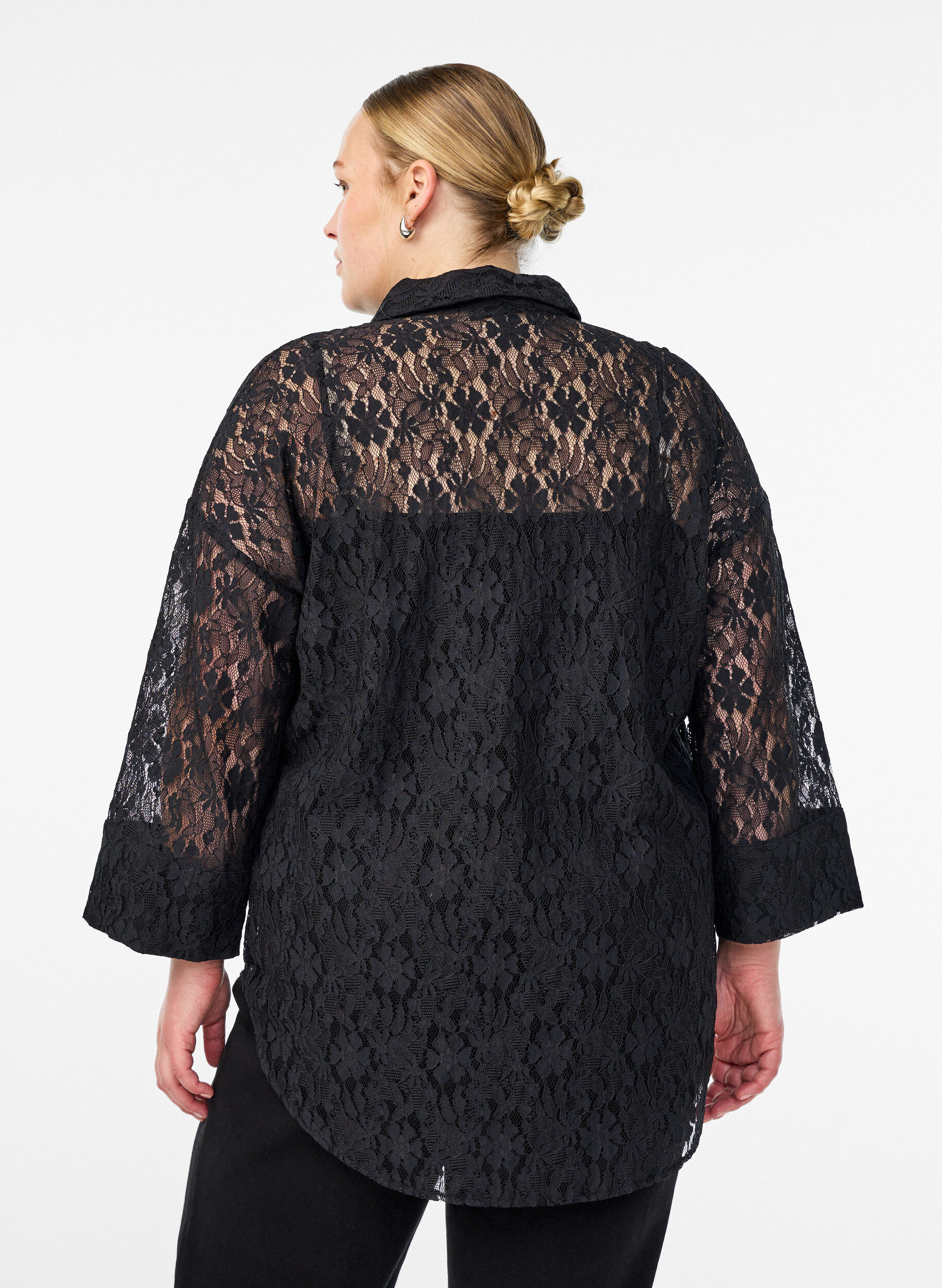 Zizzi Kanten shirt met 3/4 mouwen, Zwart, Model image number 2
