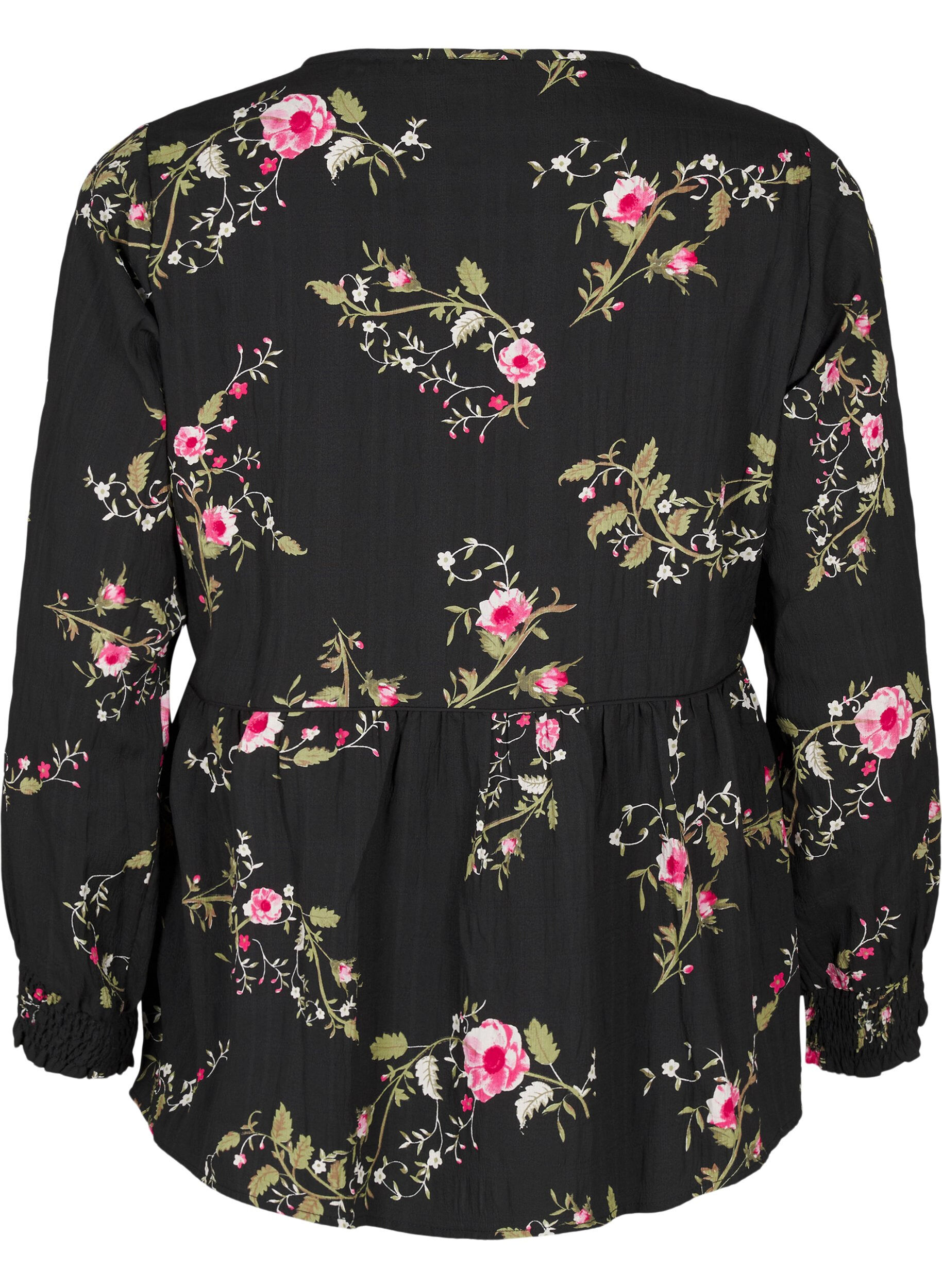 Zizzi Blouse met lange mouwen en bloemenprint, Zwart, Packshot image number 1