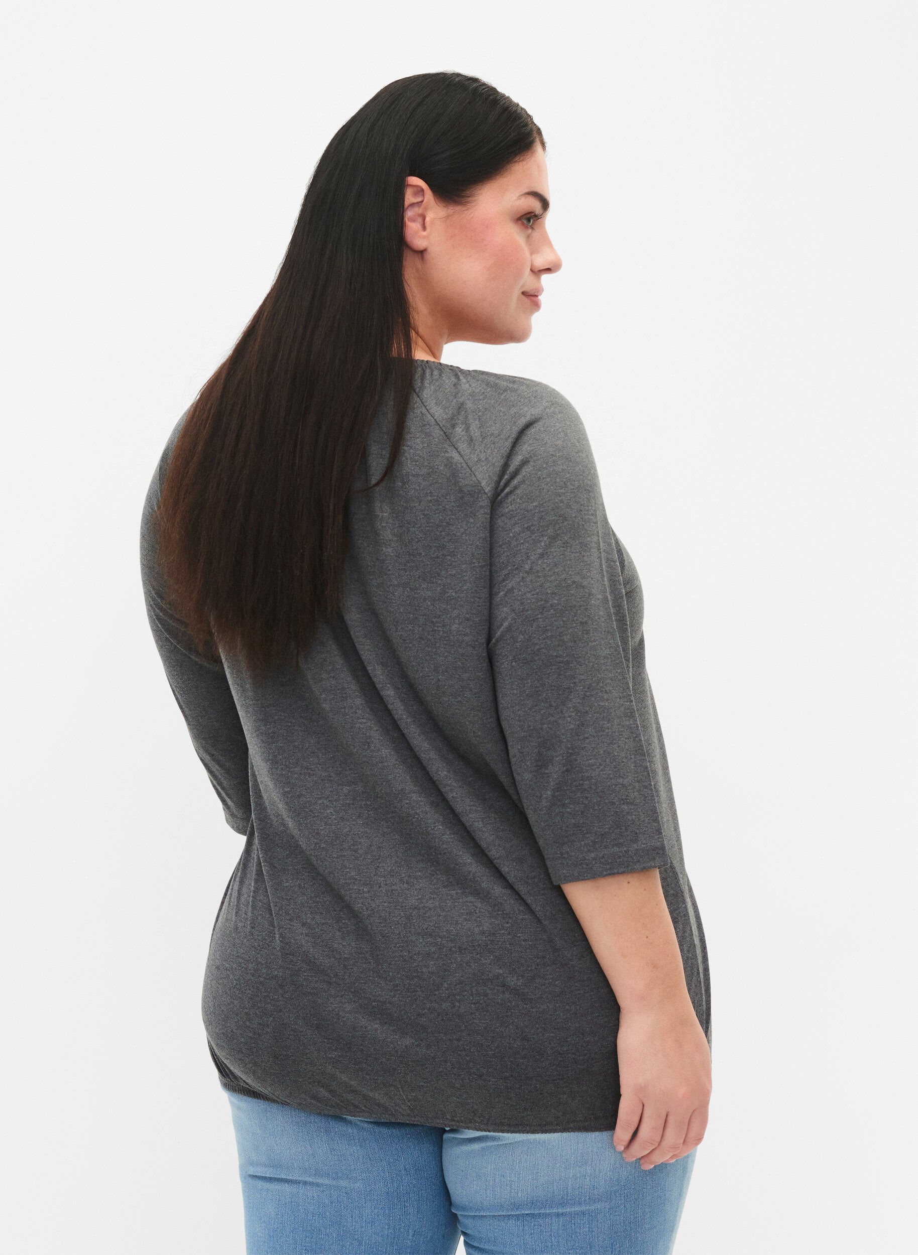 Zizzi Gestreepte blouse met 3/4 mouwen, Dark Grey Melange, Model image number 1