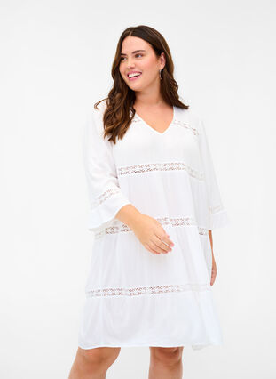 Viscose jurk met a-lijn en kanten lint, White, Model image number 0