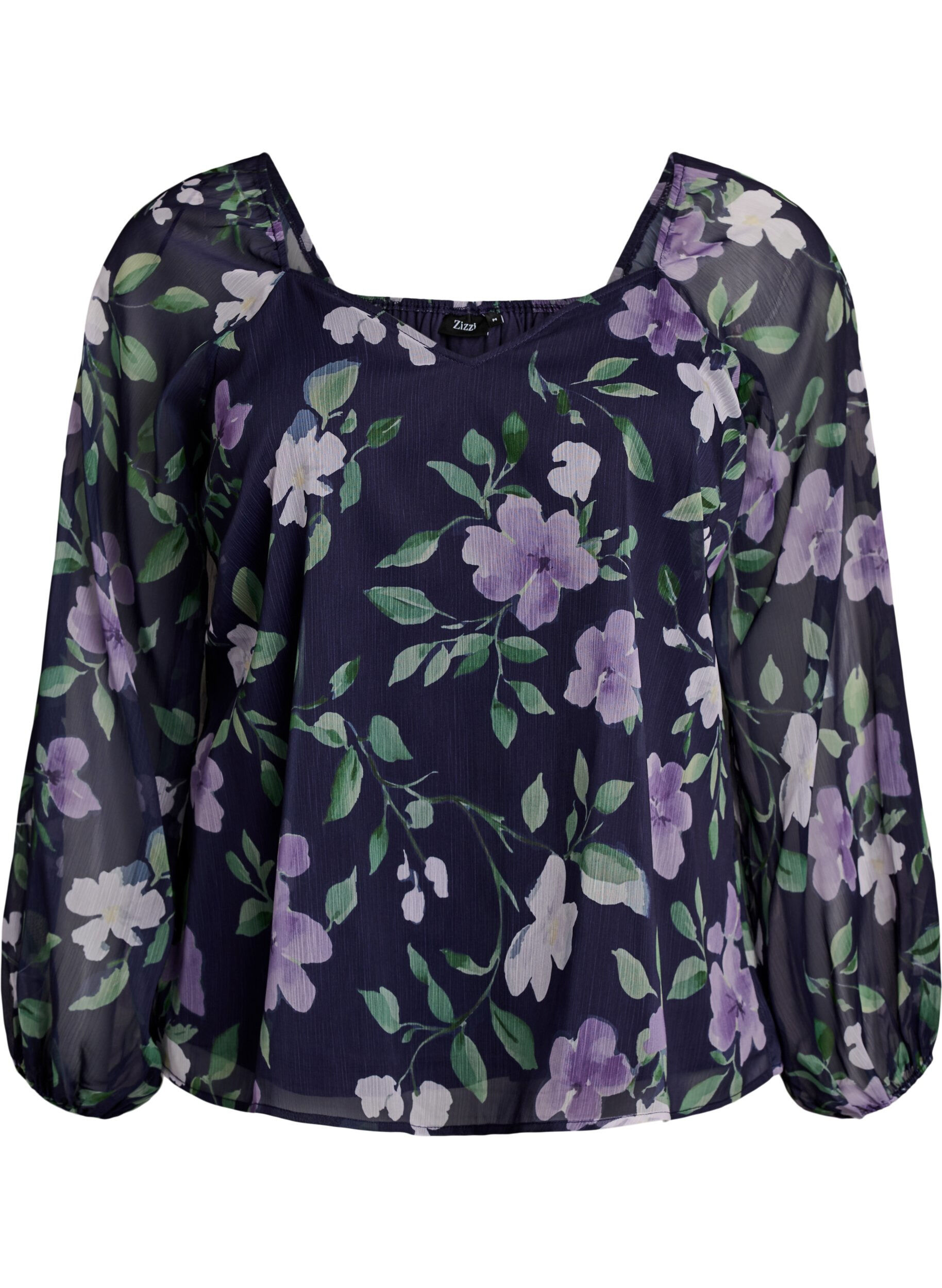 Zizzi Chiffon blouse met bloemenprint en lange mouwen, Blauw, Packshot image number 0