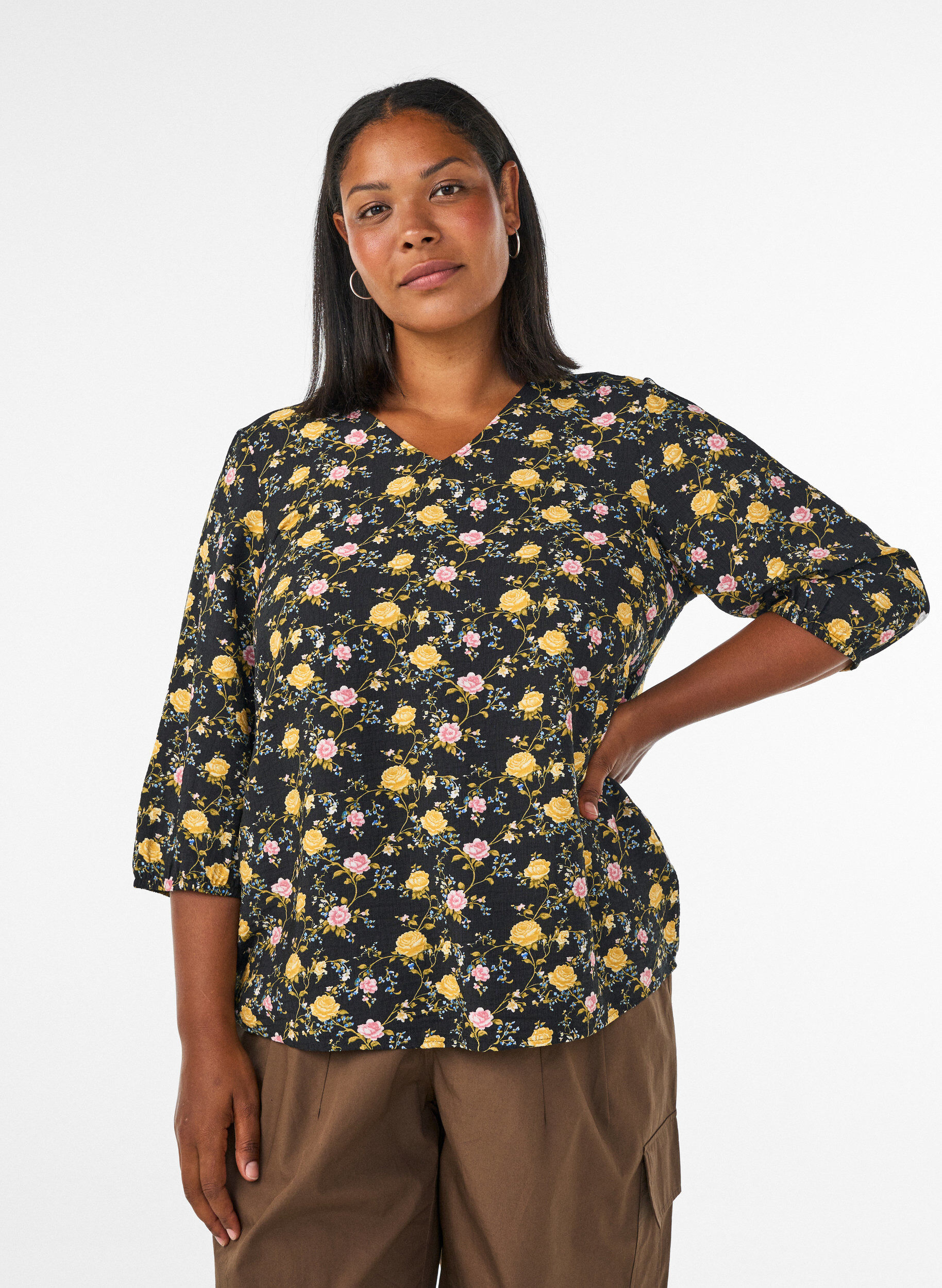 ZizziBlouse van viscose met patroon en 3/4-mouwen, Zwart, Model image number 0