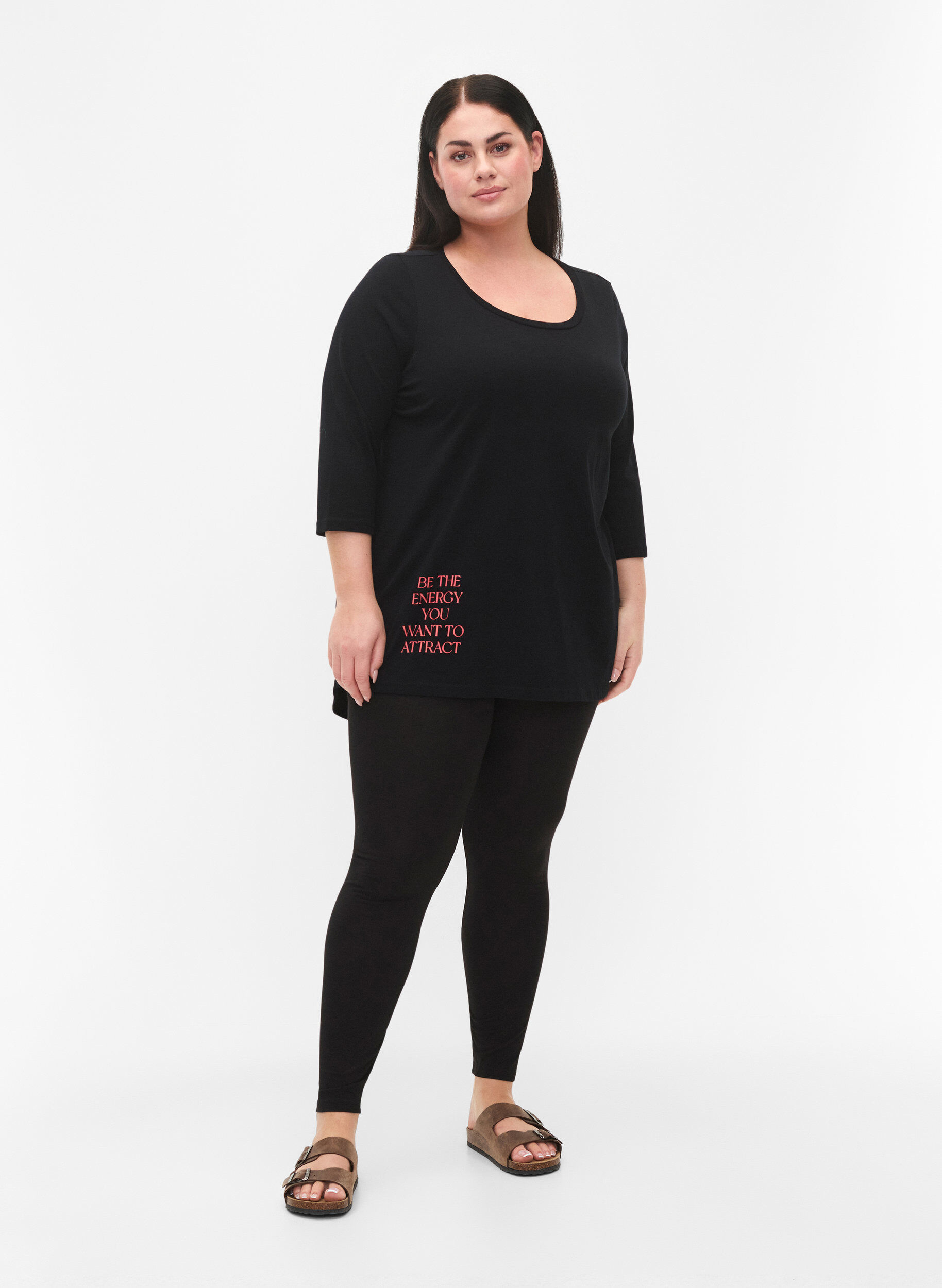 Zizzi Katoenen t-shirt met 3/4 mouwen, Black, Model image number 2