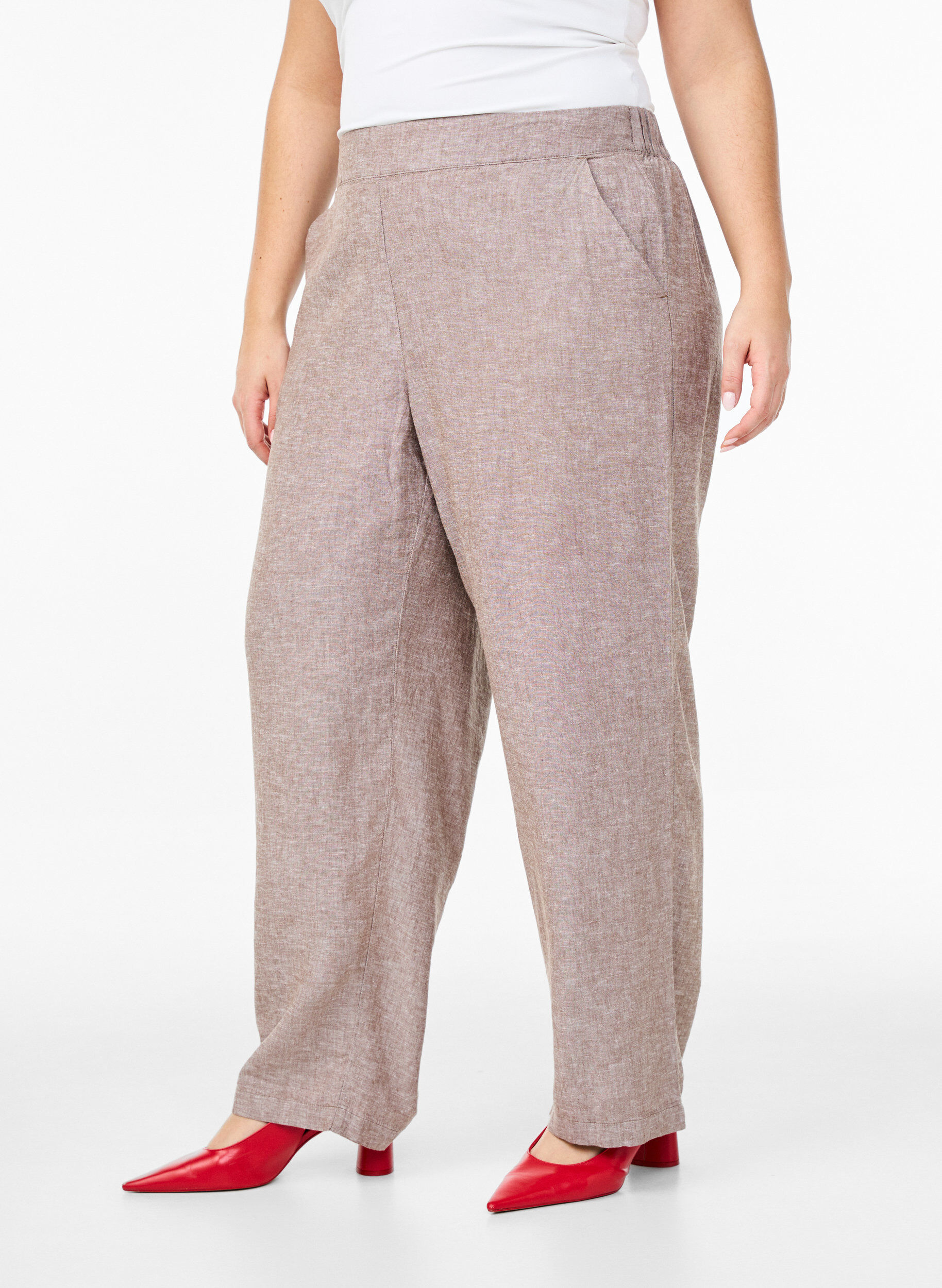 ZizziLinnen en viscose broek met losse pasvorm, Bruin, Model image number 2