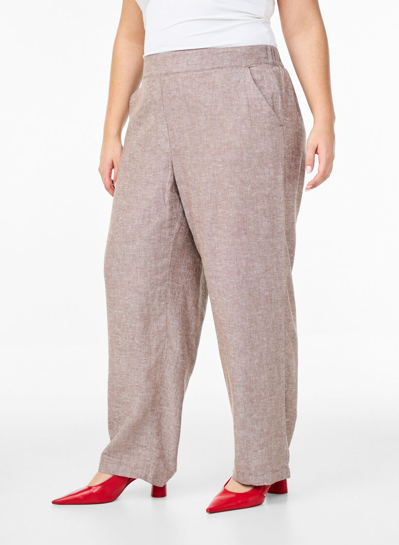 Linnen en viscose broek met losse pasvorm, Bruin, Model image number 2