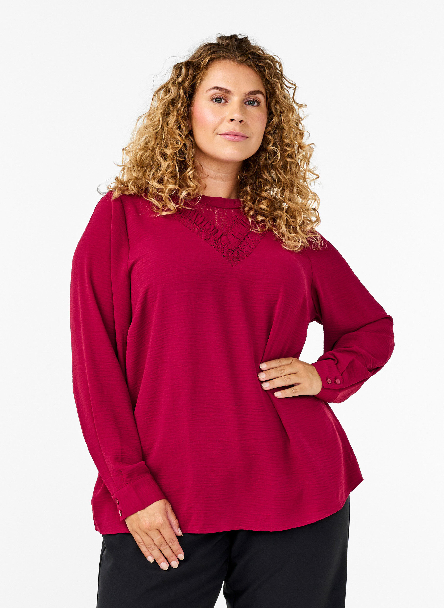 Zizzi Blouse met kanten detail, Red Plum, Model image number 0