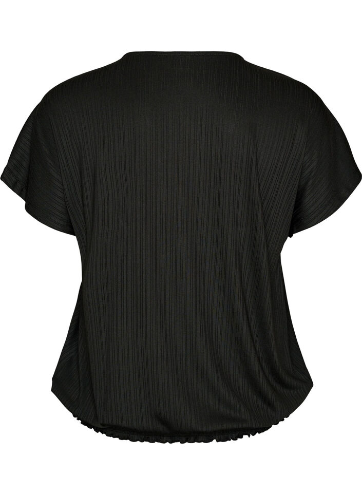 Jersey blouse met gestructureerde strepen en een gesmokte zoom, Zwart, Packshot image number 1