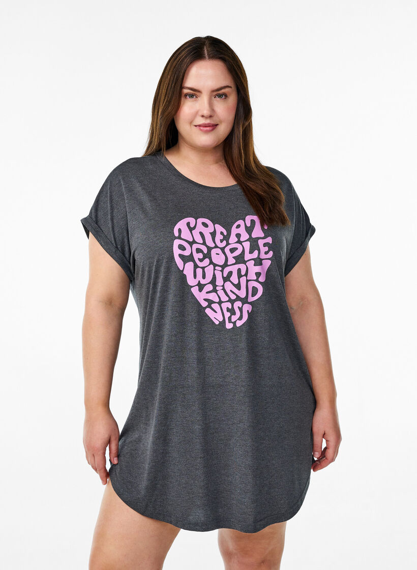 Nachthemd met korte mouwen en tekstprint, Zwart, Model image number 0