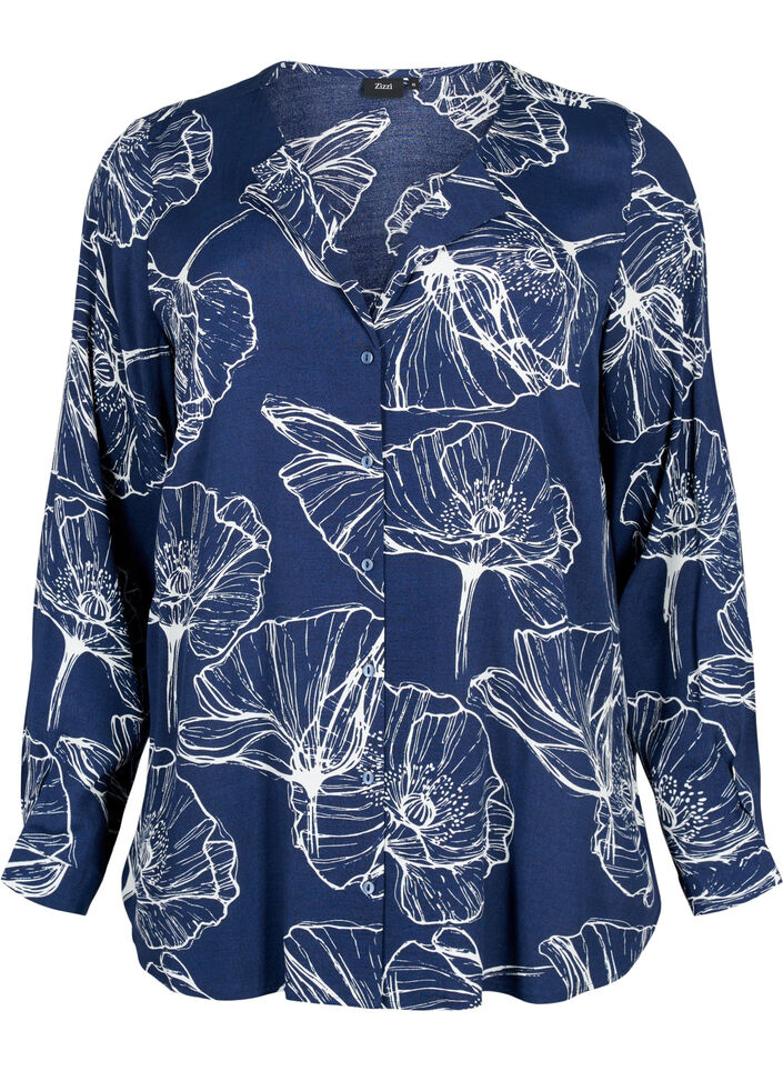 Viscose overhemd met bloemenprint en lange mouwen, Navy B./Big Fl.AOP, Packshot image number 0