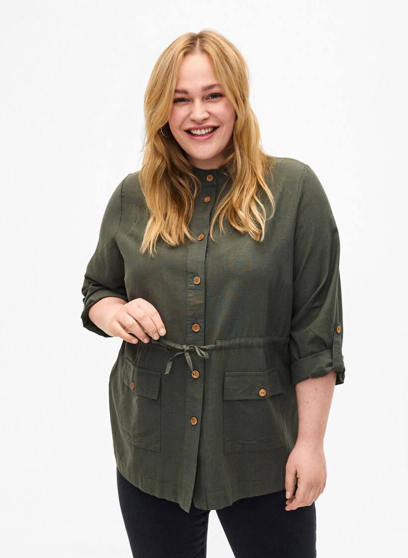 Overhemd van linnenmix met zakken, Thyme, Model image number 0