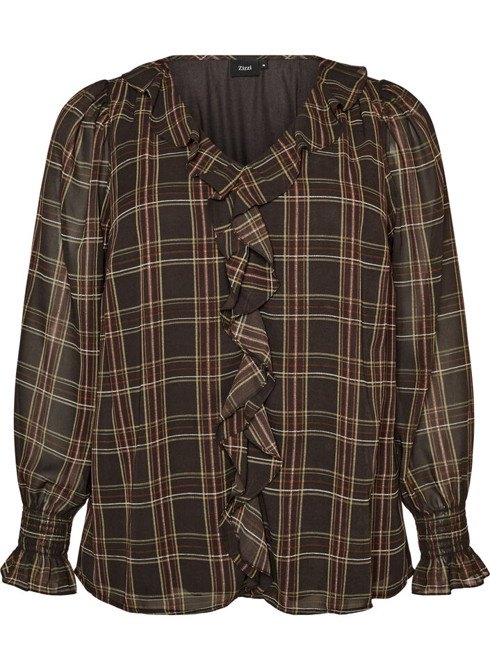 Blouse met ruit en ruches details, Groen, Packshot image number 0