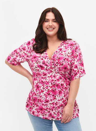 Viscose blouse met wikkel, Pink Flower Rain, Model image number 0