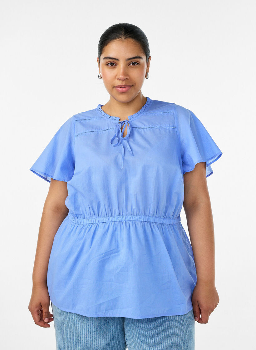 Katoenen blouse met strik en elastische taille, Blauw, Model image number 0