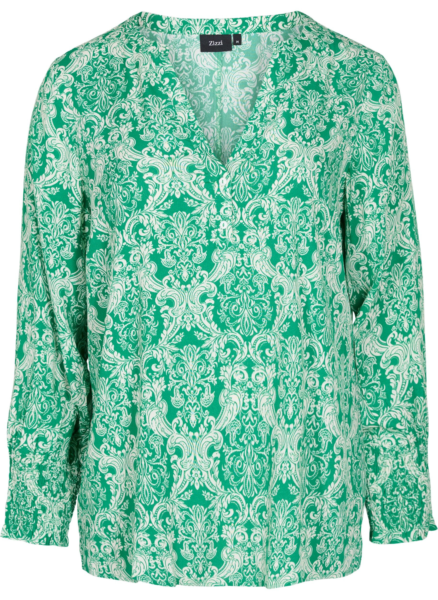 Zizzi Bedrukte viscose top met smok, Jolly Green Oriental, Packshot image number 0
