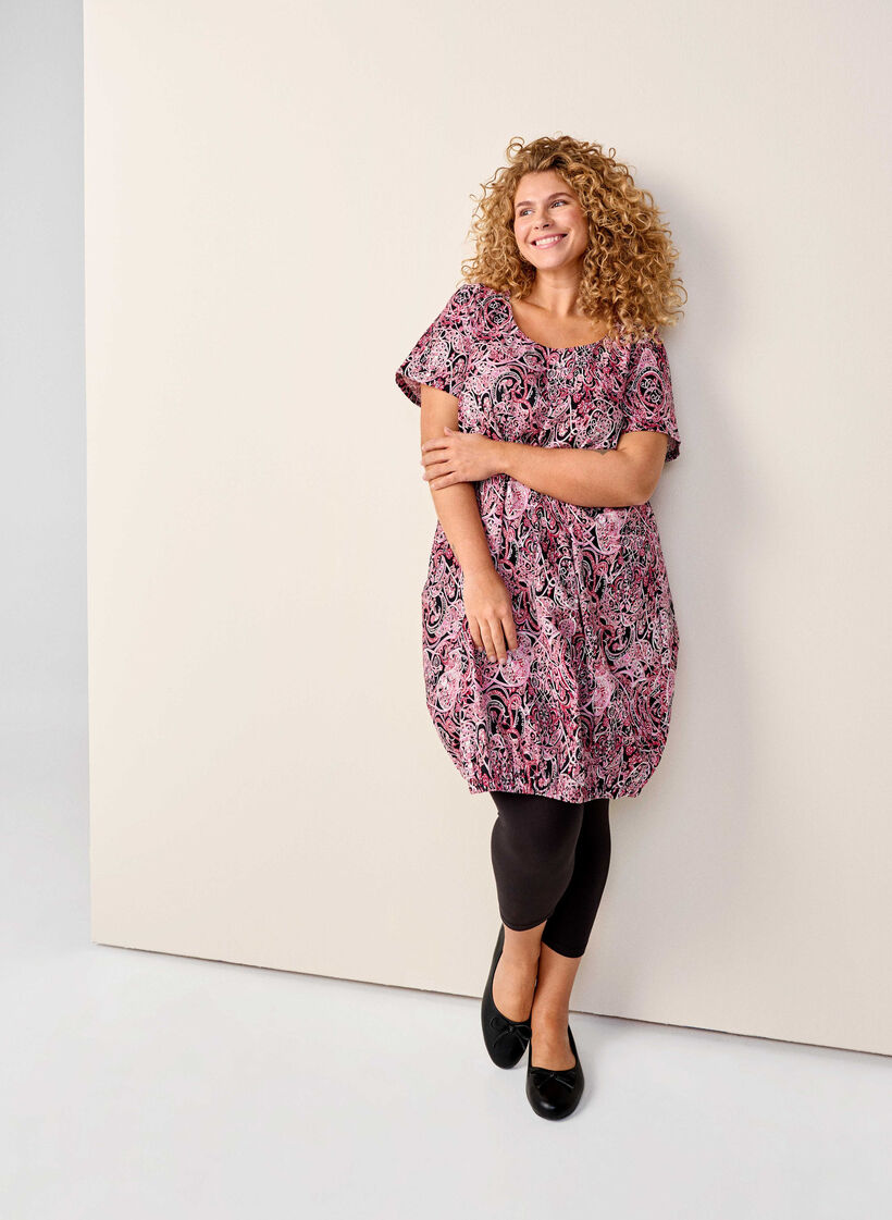 Katoenen jurk met korte mouwen en print, Zwart, Image image number 0
