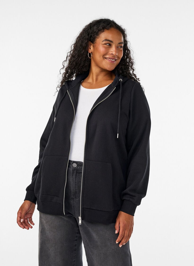 Sweathoodie met ritssluiting en zakken, Zwart, Model image number 0