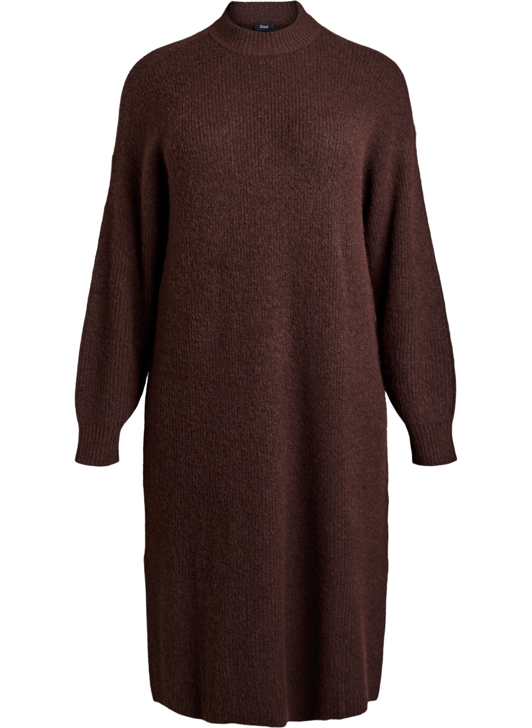 Zizzi Lange gebreide jurk met hoge hals, Bruin, Packshot image number 0