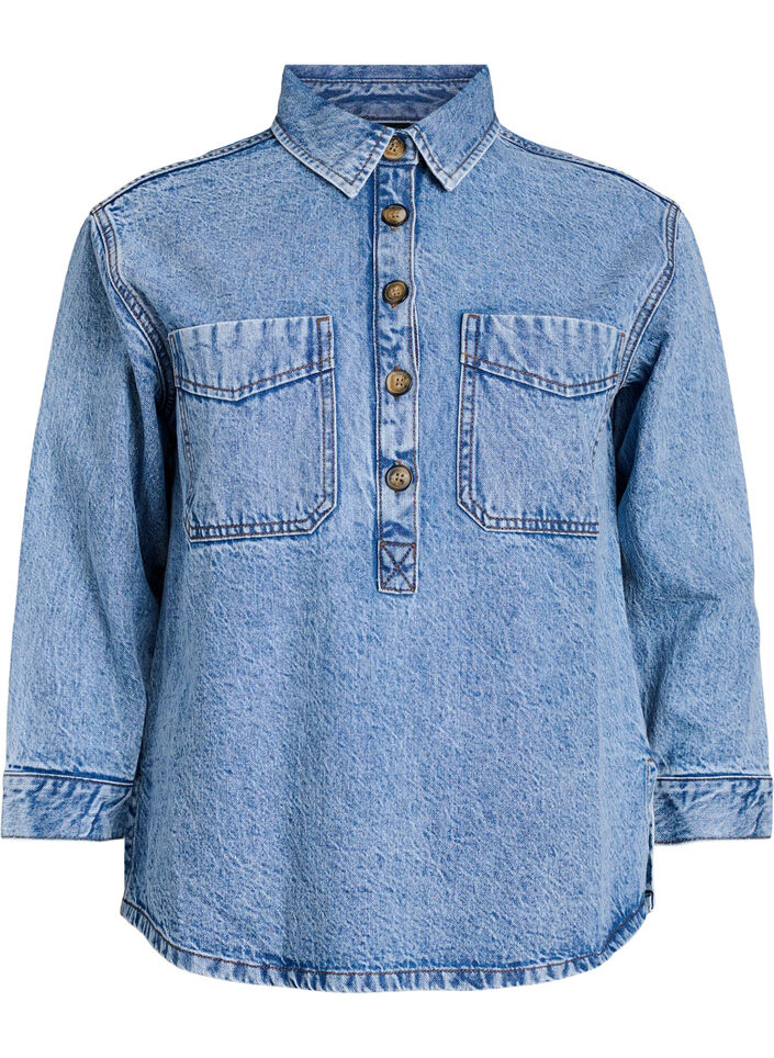 Denimshirt met halve sluiting en borstzakken, Blauw, Packshot image number 0