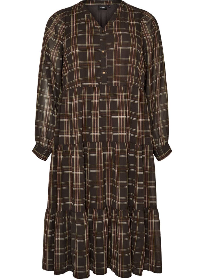 Gecontroleerde midi-jurk met een rok in lagen, Bruin, Packshot image number 0