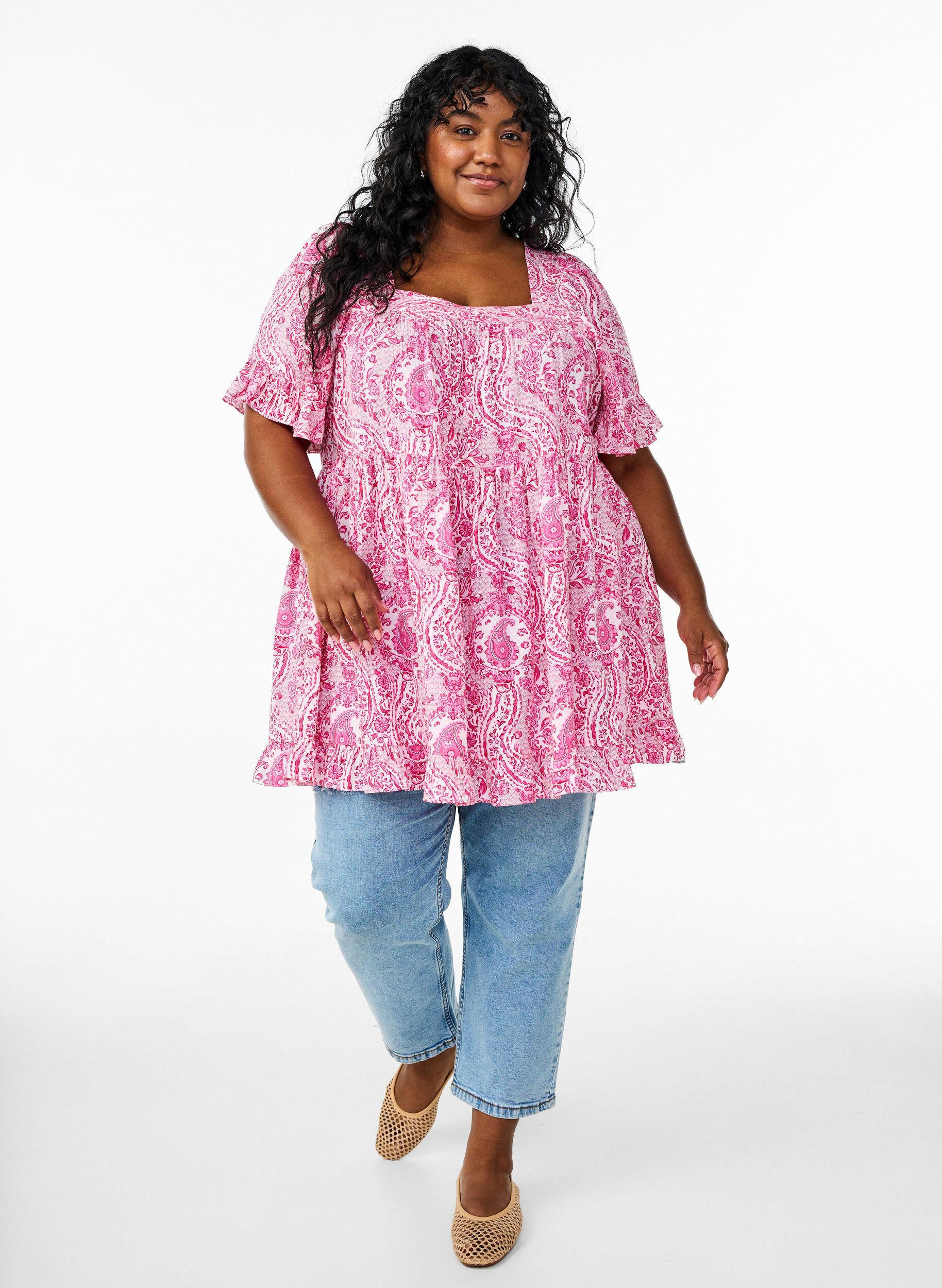 Zizzi Tuniek met ruches en paisleyprint, Roze, Model image number 1