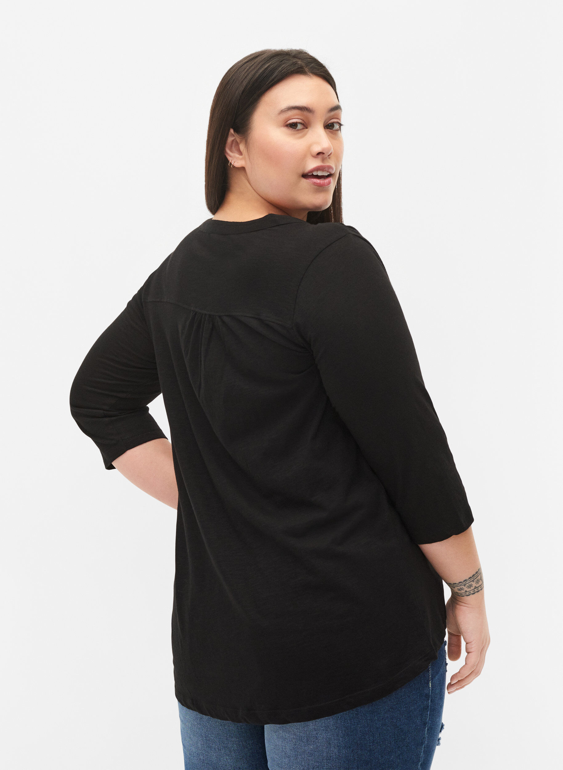Zizzi Katoenen blouse met 3/4-mouwen, Black, Model image number 1