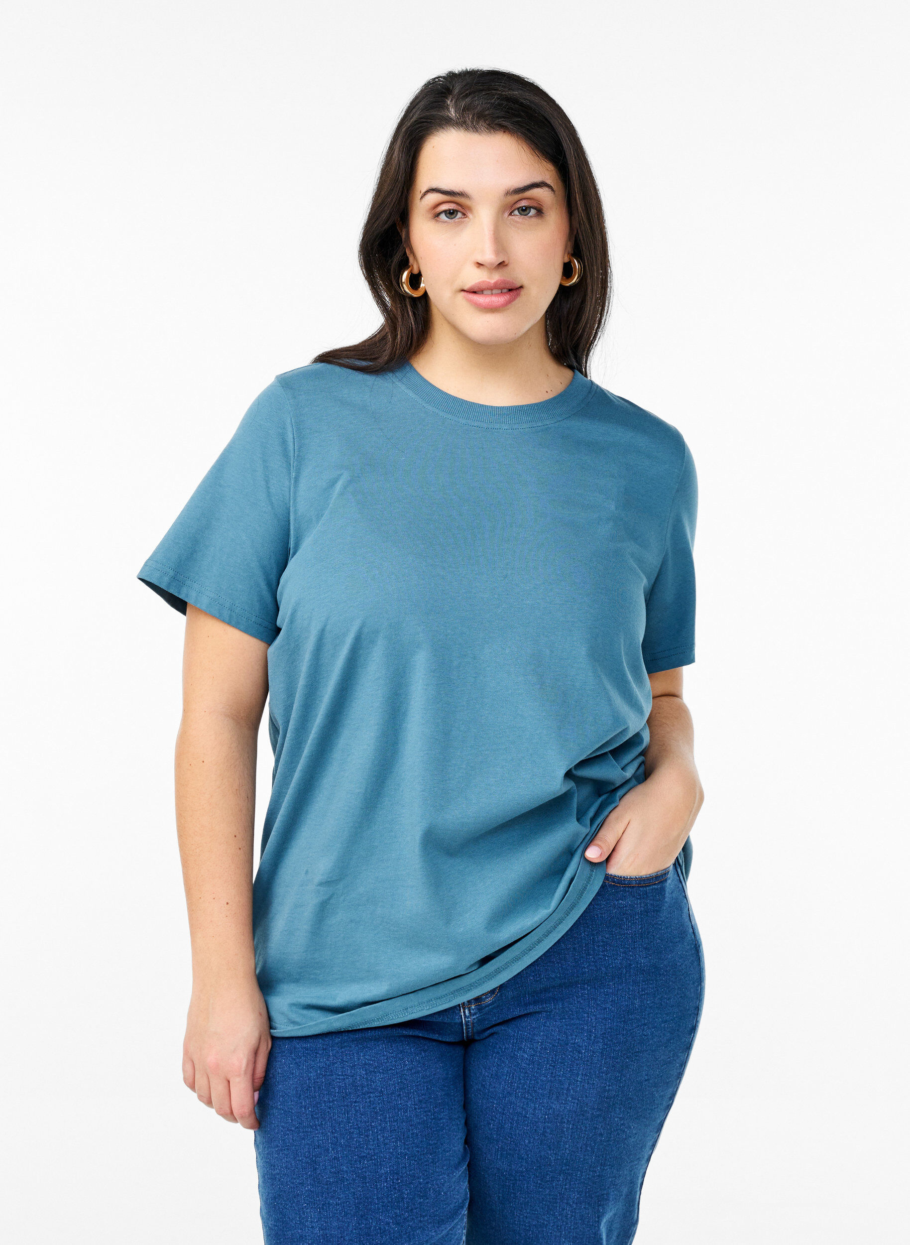 Zizzi Basic katoenen T-shirt met ronde hals, Grijs, Model image number 0