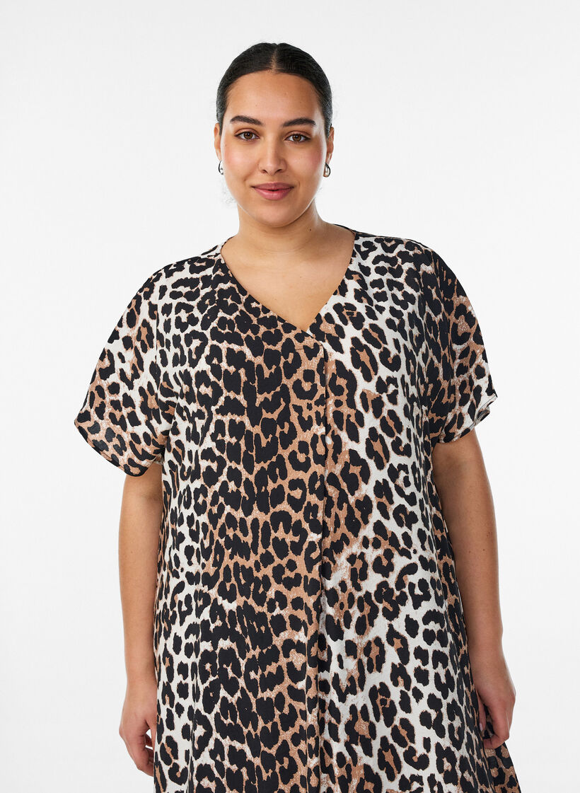 Jurk met V-hals van viscose, Bruin, Model image number 2
