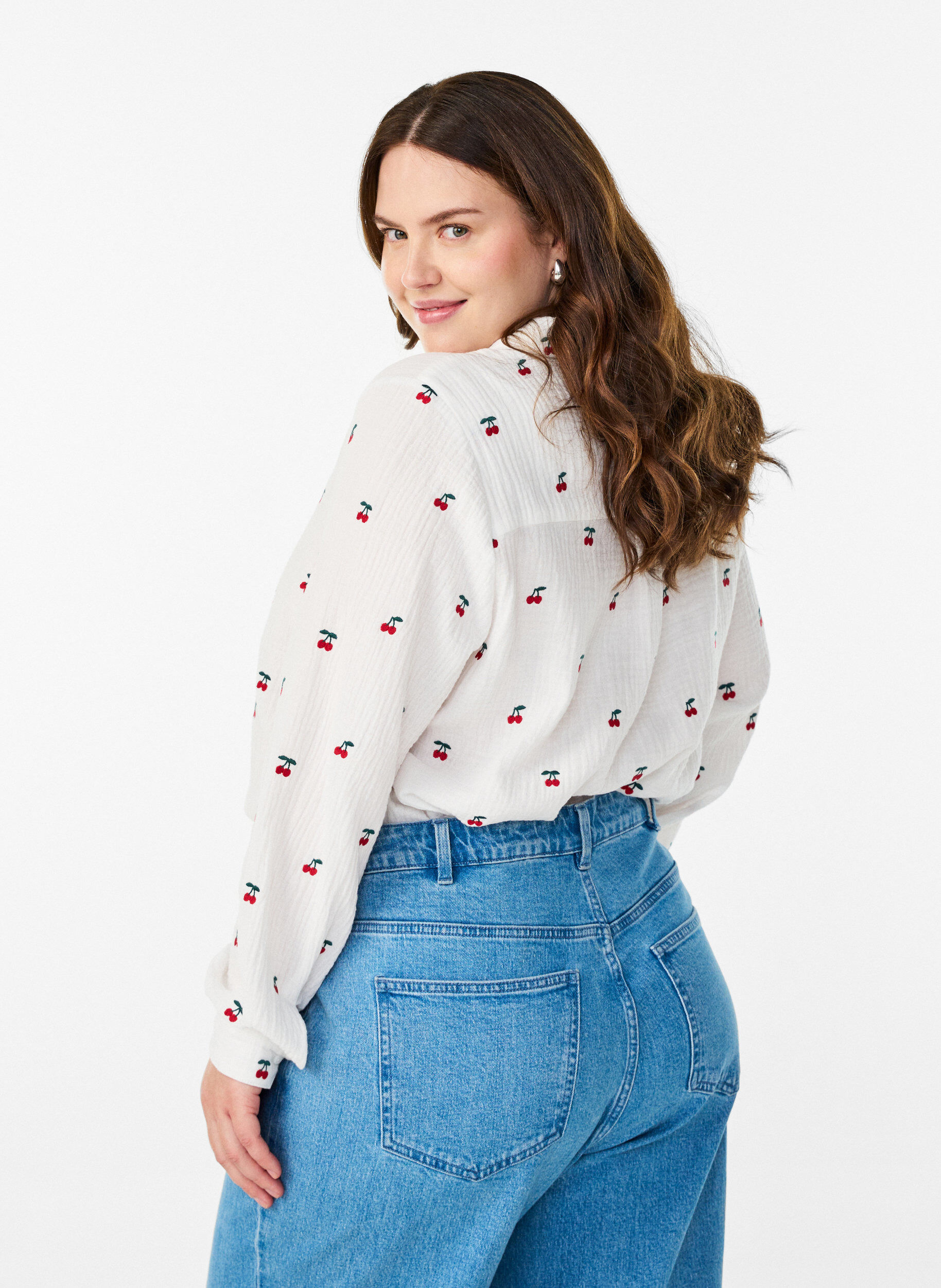 Zizzi Blouse van katoen mousseline met lange mouwen en geborduurde motieven, Vanille, Model image number 2