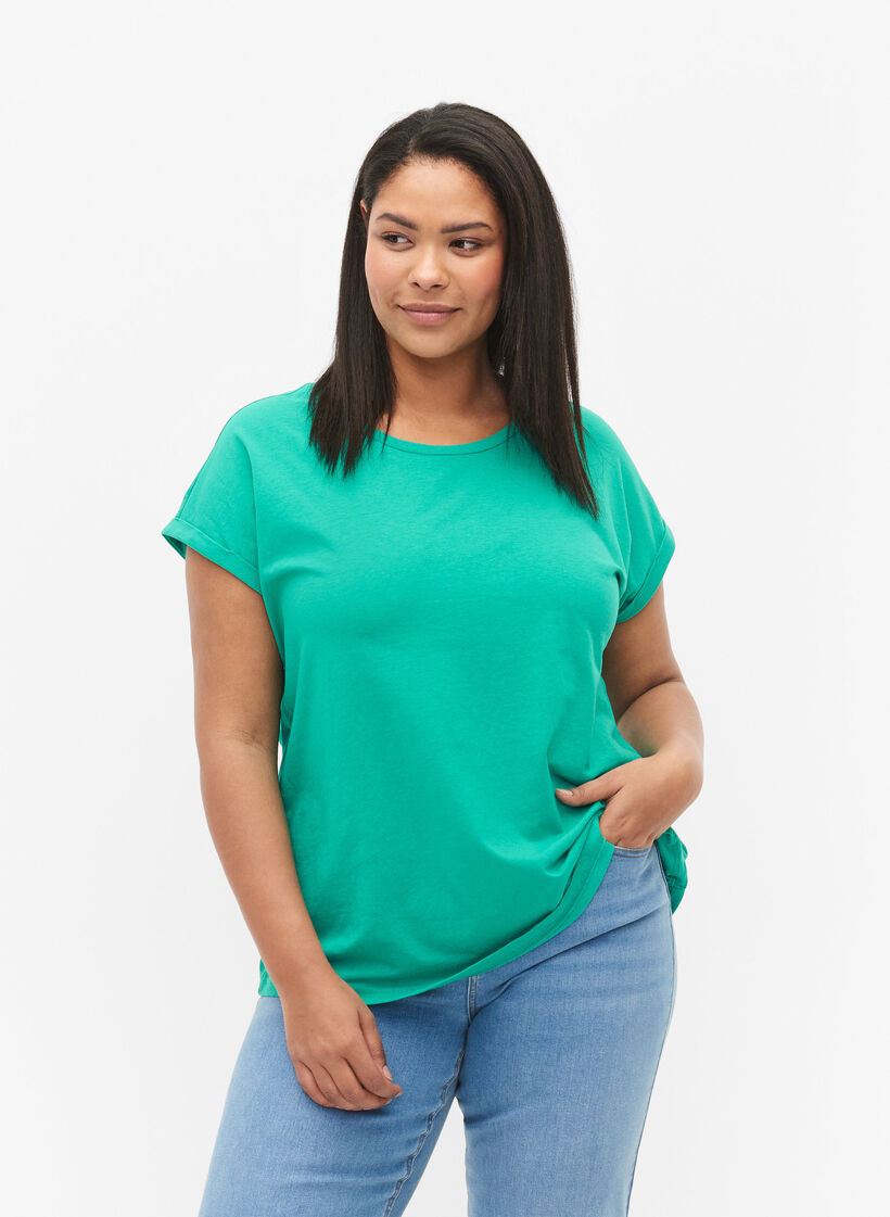 T-shirt met korte mouwen van katoenmix, Emerald Green, Model