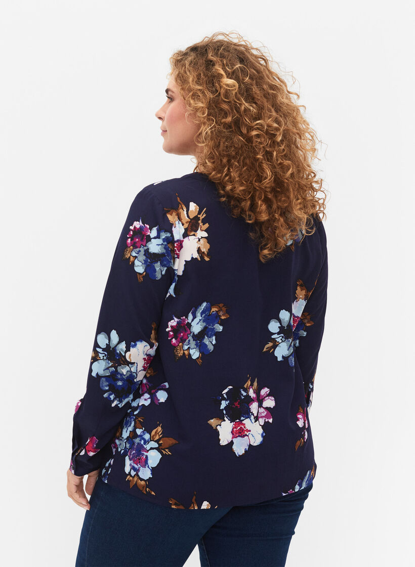 FLASH - Blouse met lange mouwen en print, Big Blue Flower, Model image number 1